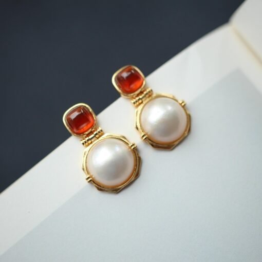 Natural Mabe Pearl Earrings with Garnet s925 Silver|Unique Modern Mabe Pearl Jewelry|Statement Pearl Earrings|Perfect Wedding Earrings - Image 8