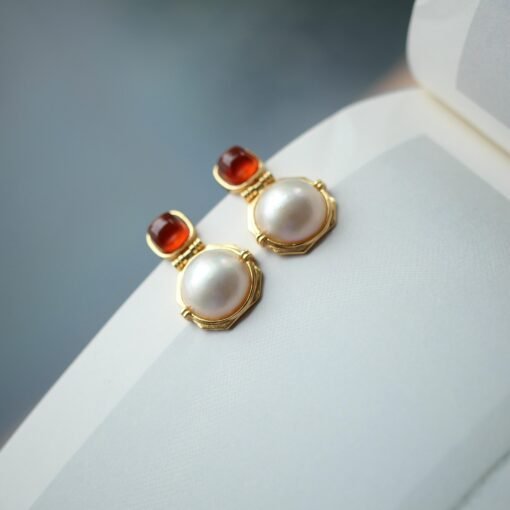 Natural Mabe Pearl Earrings with Garnet s925 Silver|Unique Modern Mabe Pearl Jewelry|Statement Pearl Earrings|Perfect Wedding Earrings - Image 2
