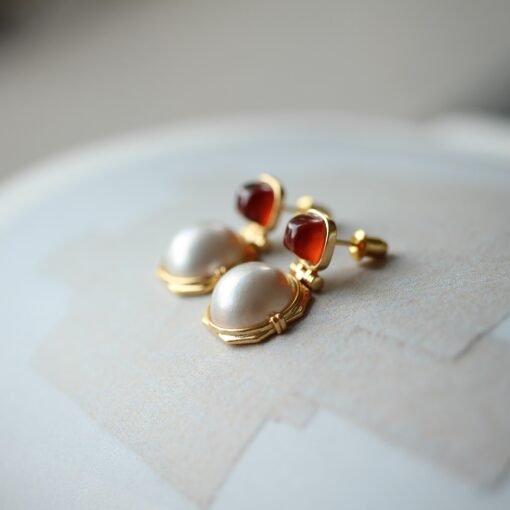 Natural Mabe Pearl Earrings with Garnet s925 Silver|Unique Modern Mabe Pearl Jewelry|Statement Pearl Earrings|Perfect Wedding Earrings - Image 5