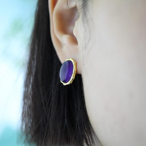 Genuine oval amethyst stud earrings women/Unique vintage amethyst studs earring/Art deco amethyst earring|Minimalist amethyst earring silver - Image 8