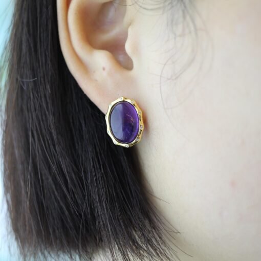 Genuine oval amethyst stud earrings women/Unique vintage amethyst studs earring/Art deco amethyst earring|Minimalist amethyst earring silver - Image 4