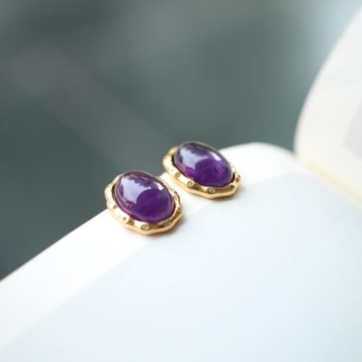 Genuine oval amethyst stud earrings women/Unique vintage amethyst studs earring/Art deco amethyst earring|Minimalist amethyst earring silver - Image 6