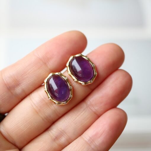Genuine oval amethyst stud earrings women/Unique vintage amethyst studs earring/Art deco amethyst earring|Minimalist amethyst earring silver - Image 5