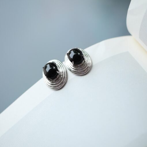Unique Oval Black Agate Stud Earrings silver|Natural Black Agate Earrings Women|Bezel Set Black Agate Jewelry|Modern Real Gemstone Earrings - Image 7