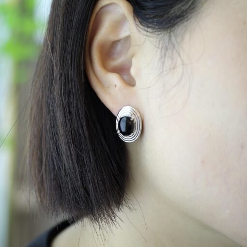 Unique Oval Black Agate Stud Earrings silver|Natural Black Agate Earrings Women|Bezel Set Black Agate Jewelry|Modern Real Gemstone Earrings - Image 8