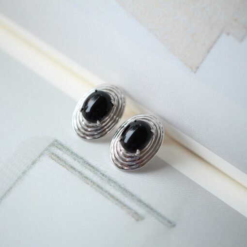 Unique Oval Black Agate Stud Earrings silver|Natural Black Agate Earrings Women|Bezel Set Black Agate Jewelry|Modern Real Gemstone Earrings