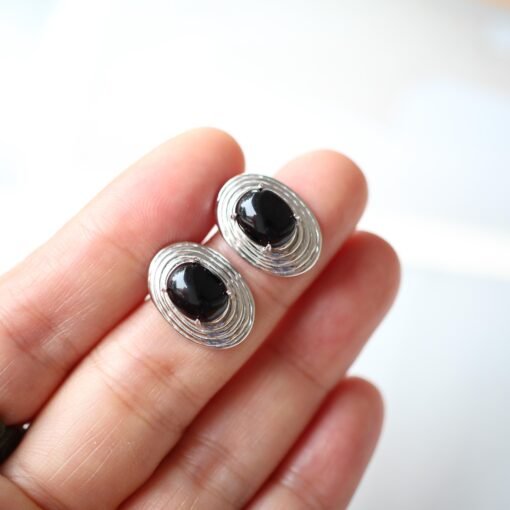 Unique Oval Black Agate Stud Earrings silver|Natural Black Agate Earrings Women|Bezel Set Black Agate Jewelry|Modern Real Gemstone Earrings - Image 5