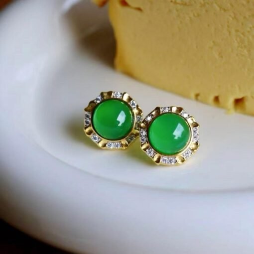 Authentic Cabochon Green Chalcedony Stud Earring 925 Silver|Unique Green Zircon Bezel Studs/Natural Vintage Green Gemstone Jewelry Women
