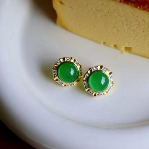 Authentic Cabochon Green Chalcedony Stud Earring 925 Silver|Unique Green Zircon Bezel Studs/Natural Vintage Green Gemstone Jewelry Women - Image 5