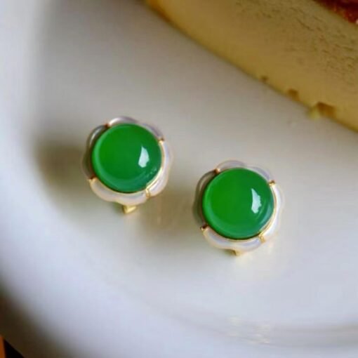 Authentic Cabochon Green Chalcedony Stud Earring 925 Silver|Unique Floral Green Gemstone Studs/Natural Modern Green Gemstone Jewelry Women - Image 8