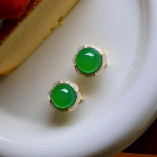 Authentic Cabochon Green Chalcedony Stud Earring 925 Silver|Unique Floral Green Gemstone Studs/Natural Modern Green Gemstone Jewelry Women - Image 3