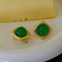 Authentic Cabochon Green Chalcedony Stud Earring 925 Silver|Unique Green Zircon Bezel Studs/Natural Vintage Green Gemstone Jewelry Women
