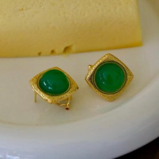 Authentic Cabochon Green Chalcedony Stud Earring 925 Silver|Unique Green Zircon Bezel Studs/Natural Vintage Green Gemstone Jewelry Women