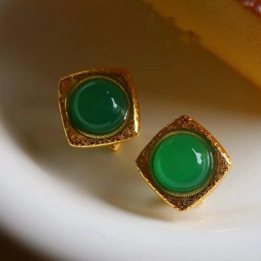 Authentic Cabochon Green Chalcedony Stud Earring 925 Silver|Unique Green Zircon Bezel Studs/Natural Vintage Green Gemstone Jewelry Women - Image 5