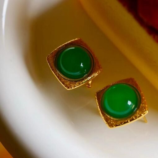 Authentic Cabochon Green Chalcedony Stud Earring 925 Silver|Unique Green Zircon Bezel Studs/Natural Vintage Green Gemstone Jewelry Women - Image 6