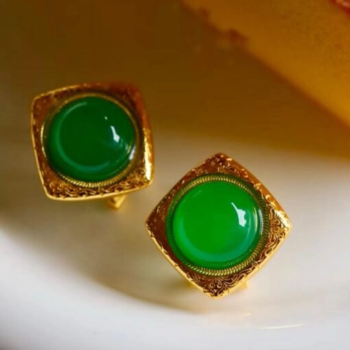 Authentic Cabochon Green Chalcedony Stud Earring 925 Silver|Unique Green Zircon Bezel Studs/Natural Vintage Green Gemstone Jewelry Women - Image 7