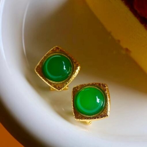Authentic Cabochon Green Chalcedony Stud Earring 925 Silver|Unique Green Zircon Bezel Studs/Natural Vintage Green Gemstone Jewelry Women - Image 8
