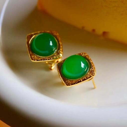 Authentic Cabochon Green Chalcedony Stud Earring 925 Silver|Unique Green Zircon Bezel Studs/Natural Vintage Green Gemstone Jewelry Women - Image 2