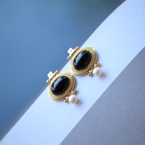 Unique Black Agate With Pearl Earrings Silver|Vintage Black Agate Earrings|Antique Art Deco Black Agate Jewelry Women - Image 2