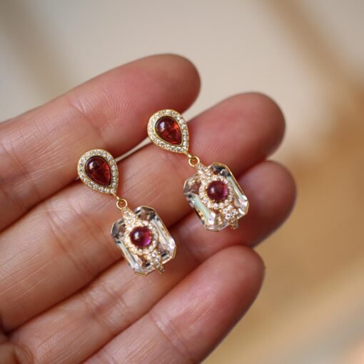 Natural Garnet with Quartz Drop Earrings silver/Unique Statement Garnet Earrings Women/Art Deco Vintage Statement Red Gemstone Earrings Gold - Image 6