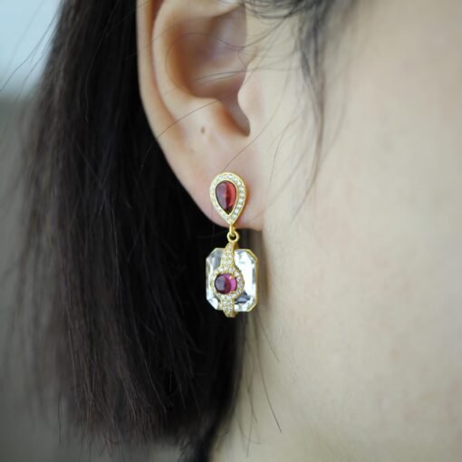 Natural Garnet with Quartz Drop Earrings silver/Unique Statement Garnet Earrings Women/Art Deco Vintage Statement Red Gemstone Earrings Gold - Image 5