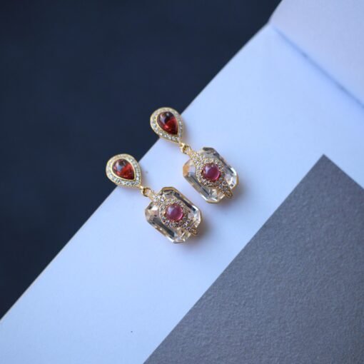 Natural Garnet with Quartz Drop Earrings silver/Unique Statement Garnet Earrings Women/Art Deco Vintage Statement Red Gemstone Earrings Gold - Image 7