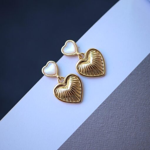 Unique Heart shape silver drop earringsGold Plated silver earrings womenHeart mother of pearl earringwhite gemstone with silver earring - Image 2