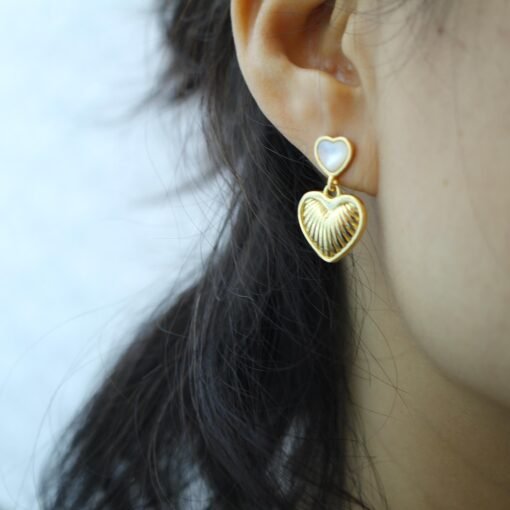 Unique Heart shape silver drop earringsGold Plated silver earrings womenHeart mother of pearl earringwhite gemstone with silver earring - Image 4