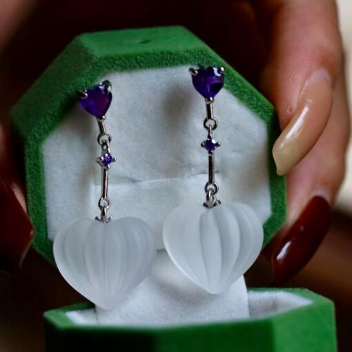 Natural Quartz with Amethyst Teardrop Earrings silver/Unique Chunky Quartz Drop Earrings Women/Art Deco Modern Statement Quartz Earrings - Image 2