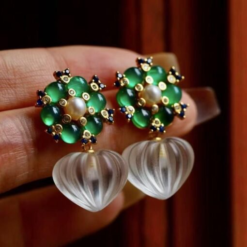Natural Quartz with Green Chalcedony drop Earrings silver/Unique Chunky Quartz Drop Earrings Women/Art Deco Vintage Statement Quartz Earring - Image 6