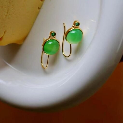 Authentic Cabochon Green Chalcedony Drop Earring Silver|Unique Green Gem Drop Earrings/Natural Minimalist Green Gemstone Jewelry Women - Image 2