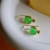 Authentic Cabochon Green Chalcedony Drop Earring Silver|Unique Green Gem Drop Earrings/Natural Minimalist Green Gemstone Jewelry Women