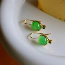 Authentic Cabochon Green Chalcedony Drop Earring Silver|Unique Green Gem Drop Earrings/Natural Minimalist Green Gemstone Jewelry Women
