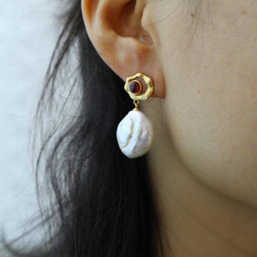 Natural Pearl Drop Earrings With Garnet Silver|Statement Modern Pearl Drop/Art deco Pearl Drop Women|Unique June Birthstone Gift - Image 4