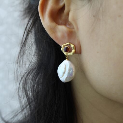 Natural Pearl Drop Earrings With Garnet Silver|Statement Modern Pearl Drop/Art deco Pearl Drop Women|Unique June Birthstone Gift - Image 8