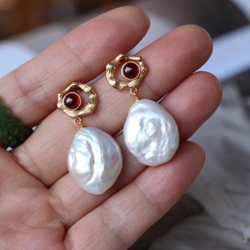 Natural Pearl Drop Earrings With Garnet Silver|Statement Modern Pearl Drop/Art deco Pearl Drop Women|Unique June Birthstone Gift - Image 3