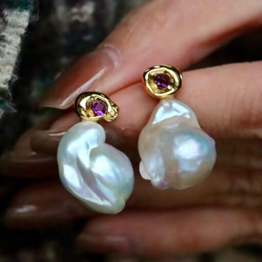 Natural Pearl Drop Earrings With Amethyst Silver|Statement Modern Pearl Drop/Art deco Pearl Drop Women|Unique February Birthstone Gift