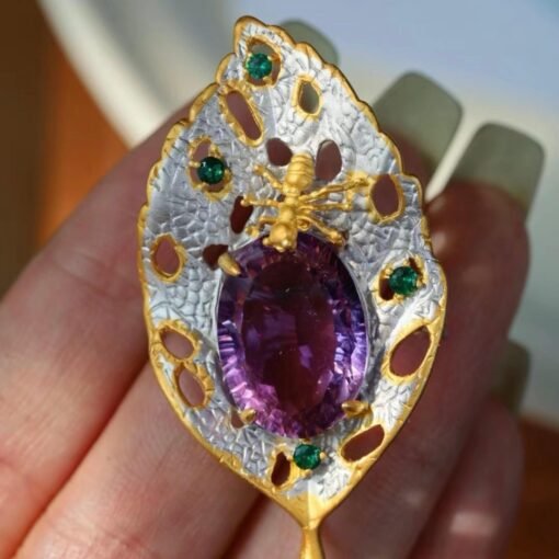 Unique Leaf silver brooch with amethyst women/Vintage Amethyst brooch silver|Natural Gemstone brooches|Art deco brooch antique - Image 5