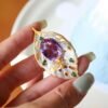 Unique Leaf silver brooch with amethyst women/Vintage Amethyst brooch silver|Natural Gemstone brooches|Art deco brooch antique
