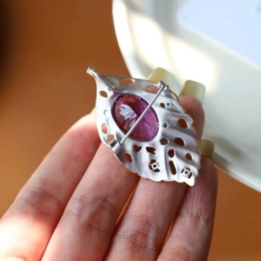 Unique Leaf silver brooch with amethyst women/Vintage Amethyst brooch silver|Natural Gemstone brooches|Art deco brooch antique - Image 6