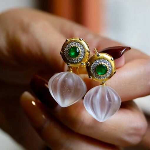 Natural Quartz with Green Chalcedony Teardrop Earrings silver/Unique Chunky Quartz Drop Earrings Women/Art Deco Vintage Quartz Earrings Gold - Image 3