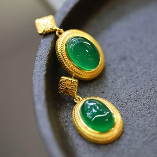 Genuine Oval Cabochon Green Chalcedony Stud Earring 925 Silver|Unique Gem Bezel Drop Earring/Natural Vintage Green Gemstone Jewelry Women - Image 3