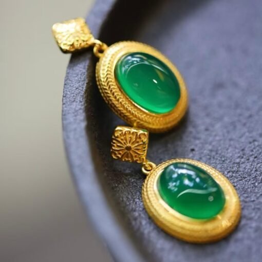 Genuine Oval Cabochon Green Chalcedony Stud Earring 925 Silver|Unique Gem Bezel Drop Earring/Natural Vintage Green Gemstone Jewelry Women - Image 5