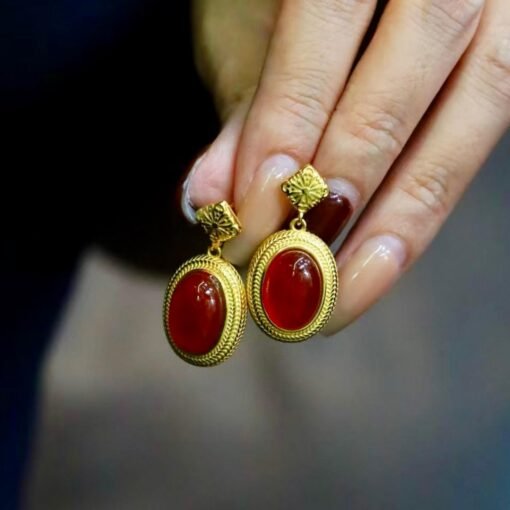 Authentic Cabochon Red Chalcedony Stud Earring 925 Silver|Unique Oval Red Gemstone Bezel Studs/Natural Vintage Red Gemstone Jewelry Women - Image 8