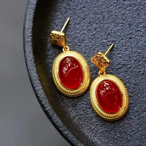 Authentic Cabochon Red Chalcedony Stud Earring 925 Silver|Unique Oval Red Gemstone Bezel Studs/Natural Vintage Red Gemstone Jewelry Women - Image 6