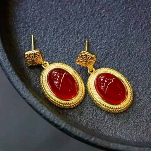 Authentic Cabochon Red Chalcedony Stud Earring 925 Silver|Unique Oval Red Gemstone Bezel Studs/Natural Vintage Red Gemstone Jewelry Women - Image 3