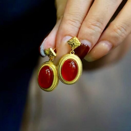 Authentic Cabochon Red Chalcedony Stud Earring 925 Silver|Unique Oval Red Gemstone Bezel Studs/Natural Vintage Red Gemstone Jewelry Women - Image 4