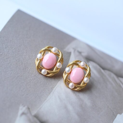 Genuine Pearl stud earring s925 silver|Vintage Pink Gemstone Jewelry|Unique Pearl Earring For Her|Real pearl earring|Bezel set Earring women - Image 2
