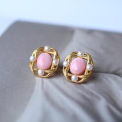 Genuine Pearl stud earring s925 silver|Vintage Pink Gemstone Jewelry|Unique Pearl Earring For Her|Real pearl earring|Bezel set Earring women