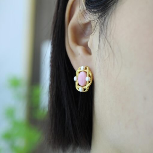Genuine Pearl stud earring s925 silver|Vintage Pink Gemstone Jewelry|Unique Pearl Earring For Her|Real pearl earring|Bezel set Earring women - Image 7